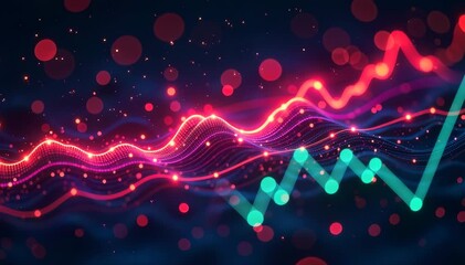 Glowing futuristic graph chart with neon particles.  - Powered by Adobe
