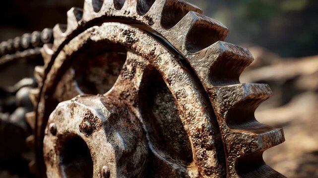 Rusty gear close up shows details of old machinery found in rural area during sunny afternoon while exploring industrial history
