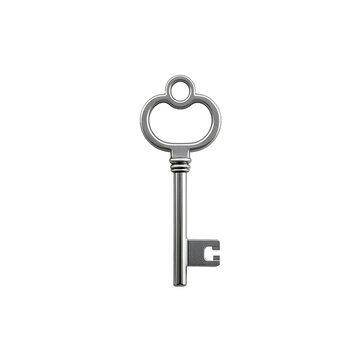 Silver vintage skeleton key, professional background removal for security and real estate concepts.