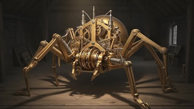 Intricate Steampunk Mechanical Spider Sculpture in Dimly Lit Workshop