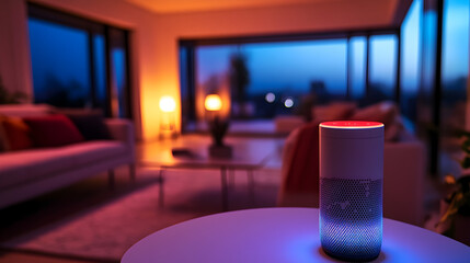 Voice controlled smart home devices in living room at dusk with illuminated speaker