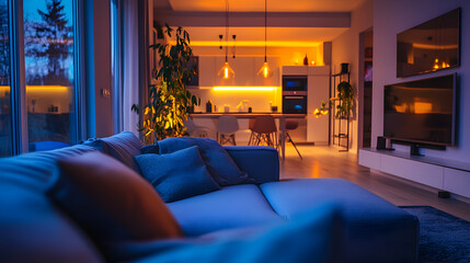 Voice controlled smart home living room interior at dusk with modern furniture and warm