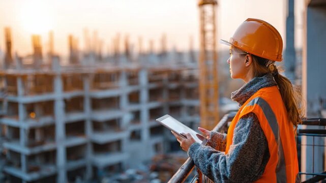 Visionary Architect Inspecting Progress: A focused construction worker, adorned in a hardhat and high-visibility vest, meticulously reviews project schematics on a tablet.