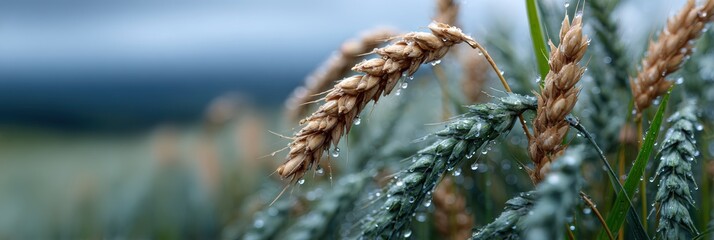 stormy wheat field, realistic web banner kansas wheat field drenched by heavy rain, stalks bowed, horizon obscured, dark sky, and saturated ground emphasize wet wheat texture