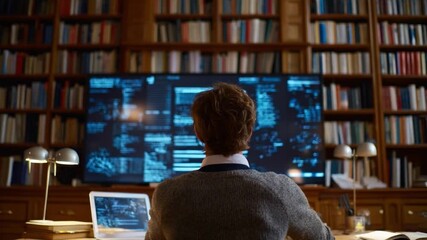 Analyzing the Digital Realm: A person is engrossed in their work, analyzing data. A scene of focus in a study with digital display and a library of books.