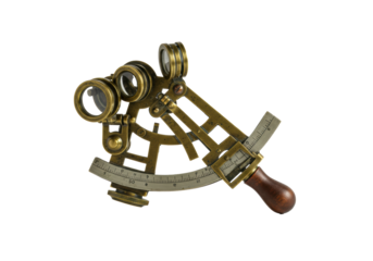 A solitary antique nautical sextant in polished brass isolated on a white studio background with a delicate shadow, concept of maritime exploration