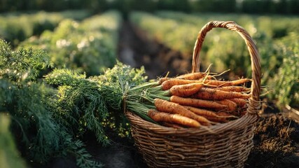 Harvest Bounty: A rustic basket brimming with fresh, vibrant carrots sits in a verdant field, bathed in the soft glow of natural light. It captures the essence of a bountiful harvest.