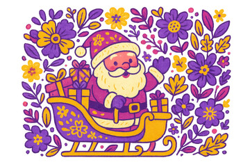 Obraz premium Santa claus riding a festive sleigh filled with presents, set against a colorful botanical pattern, celebrating holiday cheer