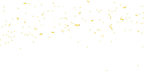 Realistic shiny golden confetti floating on white background with metallic ribbon curls and small festive shapes, creating an elegant celebration and party atmosphere