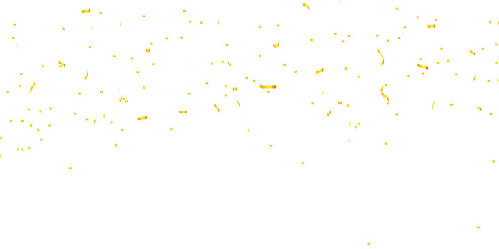 Realistic shiny golden confetti floating on white background with metallic ribbon curls and small festive shapes, creating an elegant celebration and party atmosphere