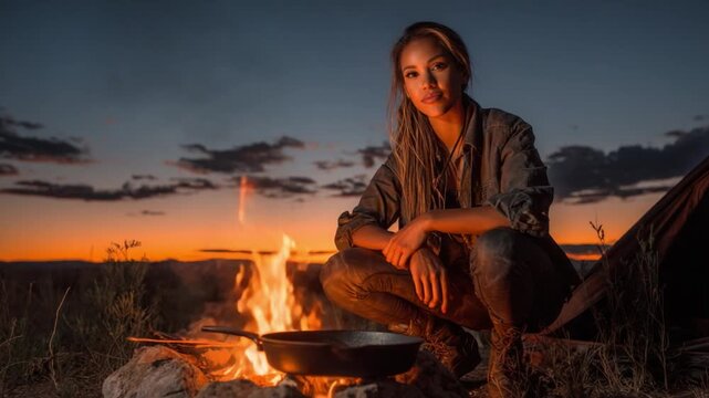 Evening Campfire Serenity: An adventurous woman finds peace by a crackling campfire, bathed in the warm glow of sunset. A quiet moment of self-reflection in a rugged landscape.