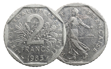 Close-up of the obverse and reverse of a French 2 francs coin from 1983, featuring the Sower, La Semeuse, and the inscription LIBERTE EGALITE FRATERNITE.