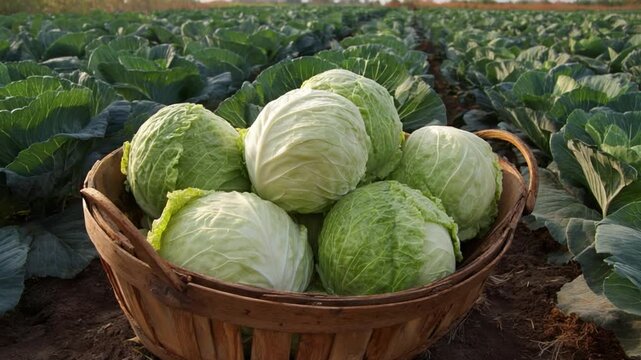 Cabbage Harvest: A basket overflows with freshly harvested cabbages, showcasing the abundance of nature's bounty against a backdrop of a thriving field.