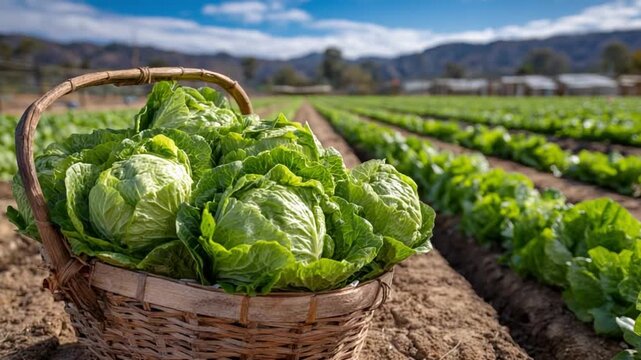Basket of Lettuce: A close-up showcases a rustic basket brimming with fresh, green lettuce, resting amidst verdant rows of lettuce plants stretching towards the horizon on a sunny day.