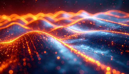 Digital Waves of Energy: A vibrant abstract composition of glowing orange and blue energy waves, conveying a sense of technological dynamism and futuristic concepts.