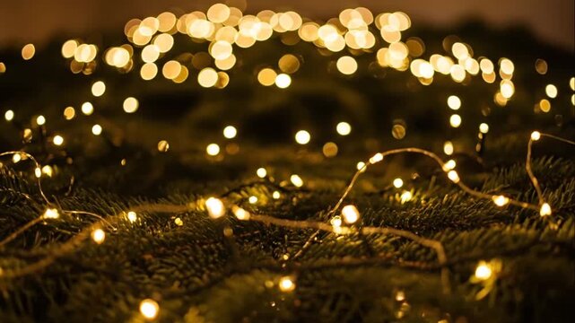 Warm Ambient Glow of Festive String Lights Over Green Pine Branches for Holiday Decoration and Celebrations