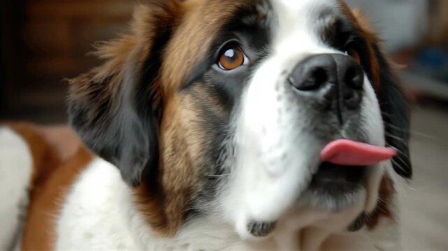 Saint Bernard dog yawning while resting inside a cozy living room during the afternoon