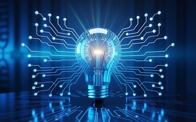A bright electric light bulb glows on a blue background as a creative design concept representing a digital network, global communication, and innovative business ideas in the modern cyberspace
