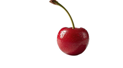 Vibrant red cherry with moisture droplets, professional transparency, isolated subject for food advertising and menu design, showing detailed skin texture.