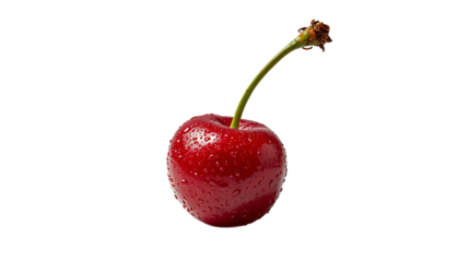 Juicy red cherry with water drops, background removal applied for easy placement, fresh summer fruit with green stem and realistic lighting.