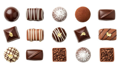Variety of luxury chocolate truffles and pralines with gold leaf and drizzle, isolated subject on background removal for confectionery branding.