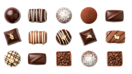 Variety of luxury chocolate truffles and pralines with gold leaf and drizzle, isolated subject on background removal for confectionery branding.