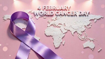 World Cancer Day awareness design with purple ribbon and global map background