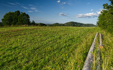 Letni popołudniowy nostalgiczny słoneczny krajobraz z pagórkami polami i zaroślami.  Lato to czas wędrówek  wśród naturalnego środowiska jakie stwarza wiejski krajobraz. © JDziedzic