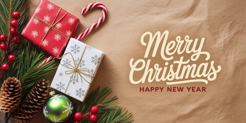 Merry Christmas and Happy New Year Greeting on Rustic Kraft Paper Background with Gift Boxes Candy Cane and Pine Branches for Holiday Banner