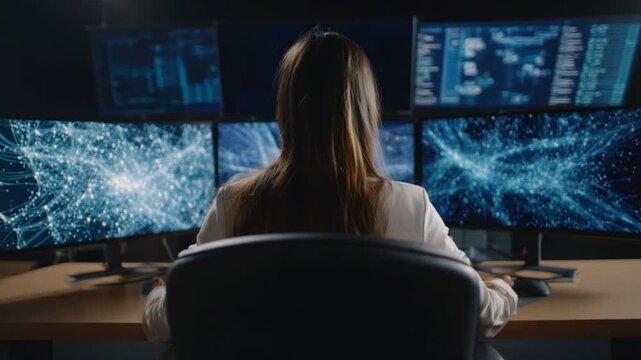 Technological Vigil: A professional sits before a multi-monitor display filled with intricate data visualizations, embodying focus and expertise.