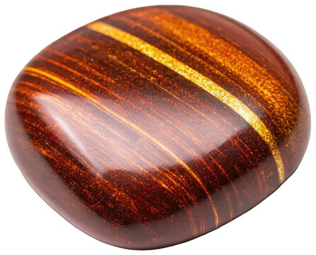 Highly polished, cabochon-cut tiger's eye gemstone with swirling bands of golden-brown and reddish-orange hues, displaying a captivating chatoyancy effect and, isolated on transparent background.