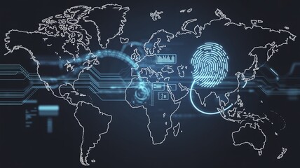 Digital Global World Map Interface with Glowing Brain Connections and Cyber Technology Elements for Artificial Intelligence and Future Network Marketing