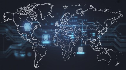 Digital Global World Map Interface with Glowing Brain Connections and Cyber Technology Elements for Artificial Intelligence and Future Network Marketing