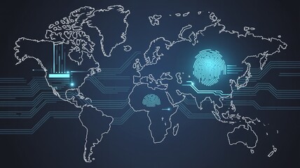 Digital Global World Map Interface with Glowing Brain Connections and Cyber Technology Elements for Artificial Intelligence and Future Network Marketing