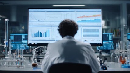 Scientific Precision: A dedicated scientist meticulously analyzes complex data on a vast digital display. - Powered by Adobe