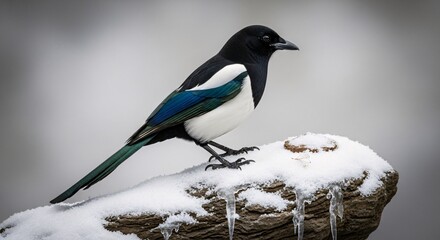 Magpie bird perched on a snowy branch against a soft grey background