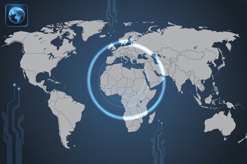 Global Business Network World Map with Glowing Blue Connection Rings and Digital Technology Interface Elements for International Corporate Marketing