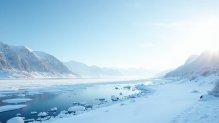 Fototapeta premium Frozen river with open water channel winding through snow covered landscape and bare trees in misty winter light. concept of winter serenity, seasonal nature, holiday atmosphere.