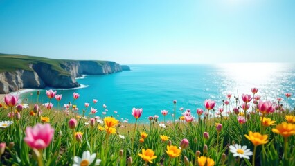 Vibrant pink tulips and wildflowers blooming on coastal cliff overlooking turquoise ocean and sunny sky. concept of spring nature, travel destination, floral beauty.