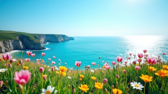 Vibrant pink tulips and wildflowers blooming on coastal cliff overlooking turquoise ocean and sunny sky. concept of spring nature, travel destination, floral beauty.