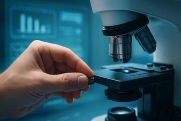 Laboratory technician placing a slide sample onto a microscope stage for quality control analysis