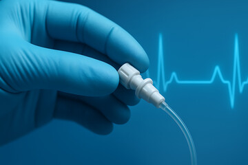 Medical hand in blue glove connecting a plastic luer lock valve to a tubing line system