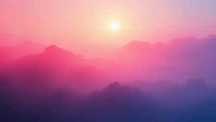 Sun rising over layered misty mountain ridges in soft pink and purple hues with foggy atmosphere. concept of serene landscape, meditation wellness, inspirational nature.