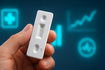 Hand holding a rapid diagnostic test cassette against a digital healthcare data screen for insurance risk assessment