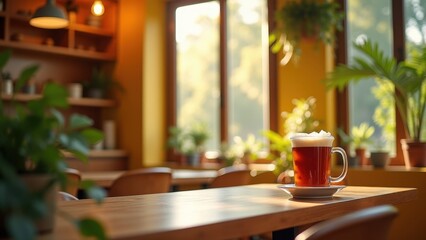 Fototapeta premium Glass mug of frothy iced coffee on wooden table in cozy sunlit cafe surrounded by lush green plants near window. concept of coffee shop lifestyle, morning relaxation, cafe interior.