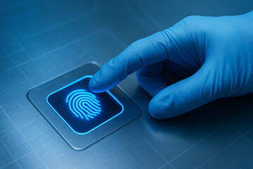 Medical professional hand in blue glove using a biometric fingerprint scanner for secure healthcare data access