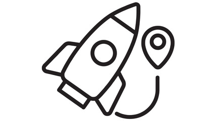 Minimalist rocket ship with location pin icon on transparent background silhouette