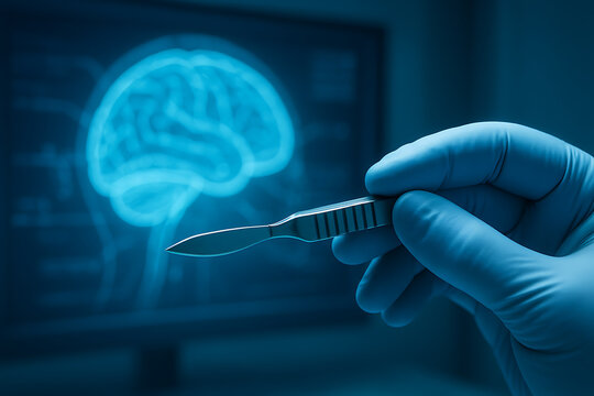 Surgeon hand in blue glove holding a sharp scalpel in front of a digital brain scan for neurological innovation - Powered by Adobe
