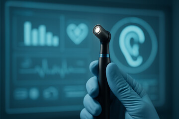 Hand holding a medical otoscope in front of a digital healthcare interface displaying patient data and charts