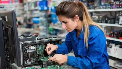 Tech Savvy Technician: A focused technician diligently works on a computer, showcasing expertise in computer repair, highlighting the world of technology and the importance of skilled professionals.